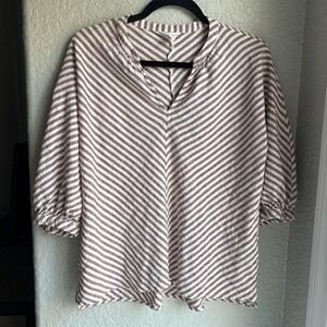 CASLON Striped Linen Blend Lightweight V‎ Neck 3/4 Sleeve Tunic Top Women Size M